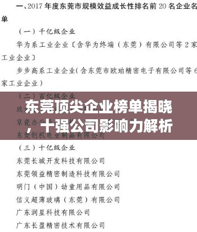 东莞顶尖企业榜单揭晓，十强公司影响力解析